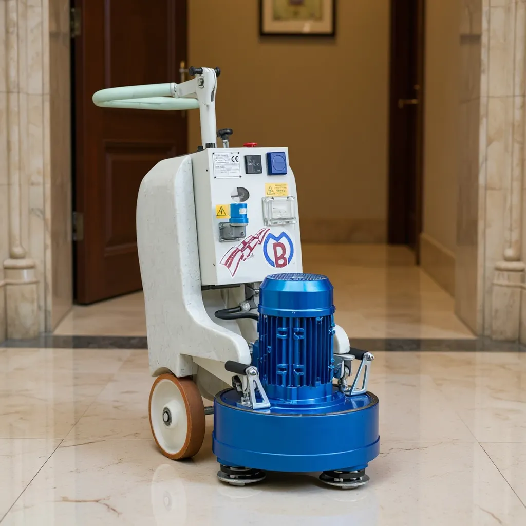 Ponceuse monobrosse MB2003 en action dans un hall d'entrée en marbre à Versailles.